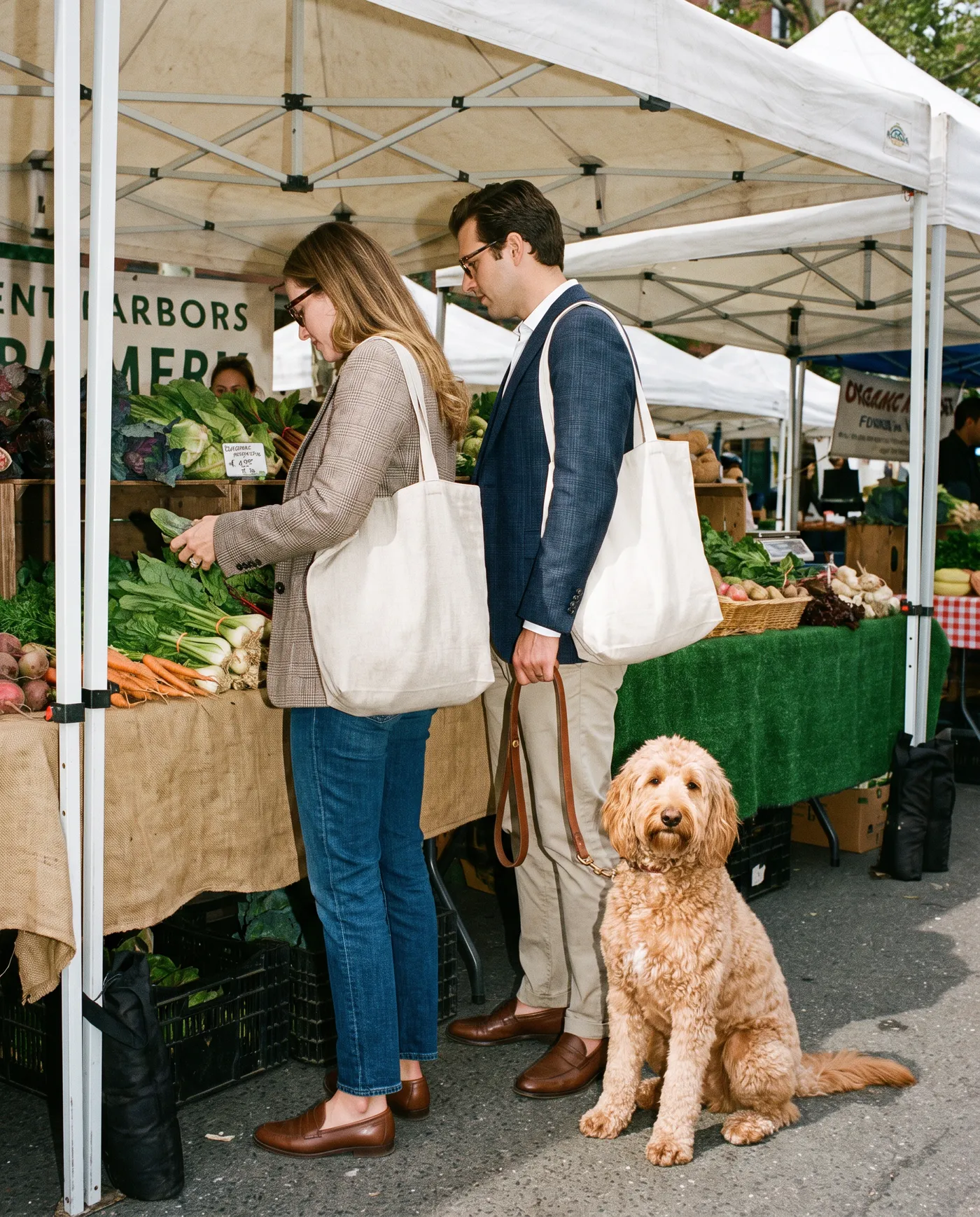 A couple choosing vegetables at a farmers market stall with a labradoodle sitting patiently at their feet