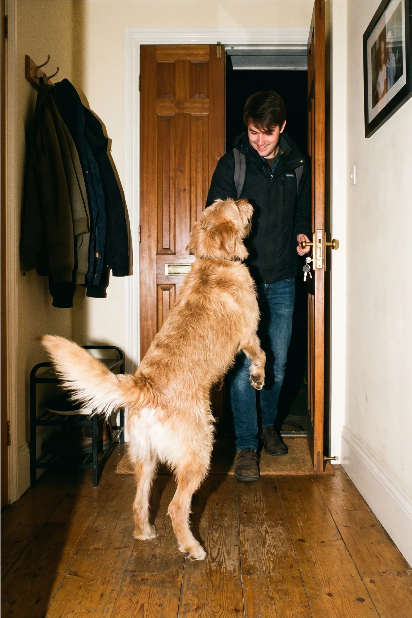 A golden retriever leaping up at a man arriving through the front door of a house